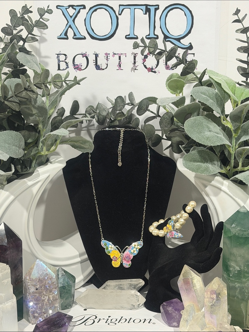🦋 RARE SET BRIGHTON ‘BLOSSOM HILL GARDEN’ SWAROVSKI CRYST SLVR VTG HAND-PAINTED